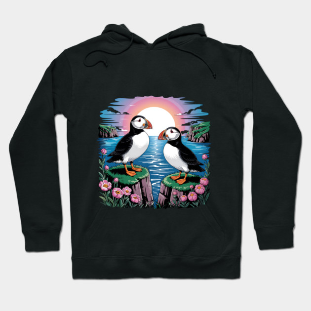 Puffins Beneath a Dreamy Ocean Sunset Sky Hoodie by BirdsnStuff
