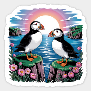 Puffins Beneath a Dreamy Ocean Sunset Sky Magnet