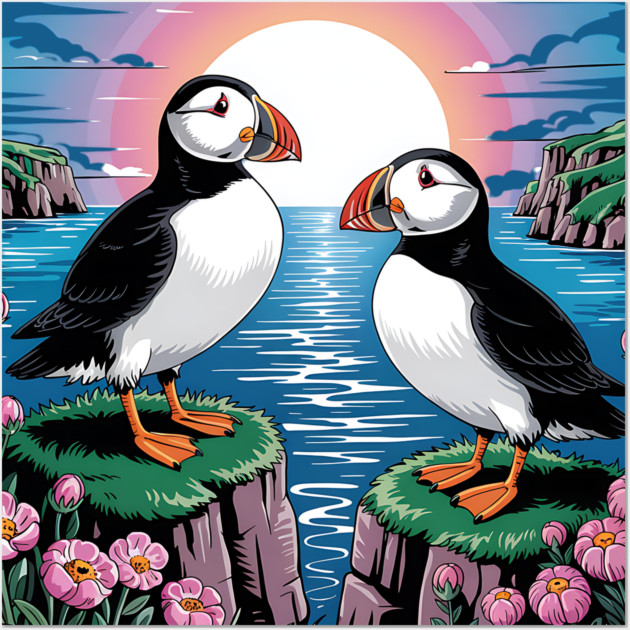 Puffins Beneath a Dreamy Ocean Sunset Sky Wall Art by BirdsnStuff