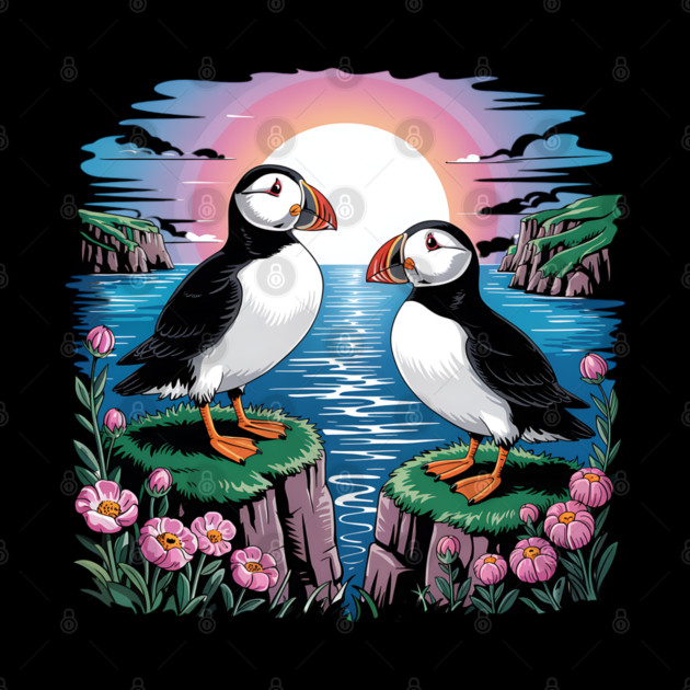 Puffins Beneath a Dreamy Ocean Sunset Sky by BirdsnStuff