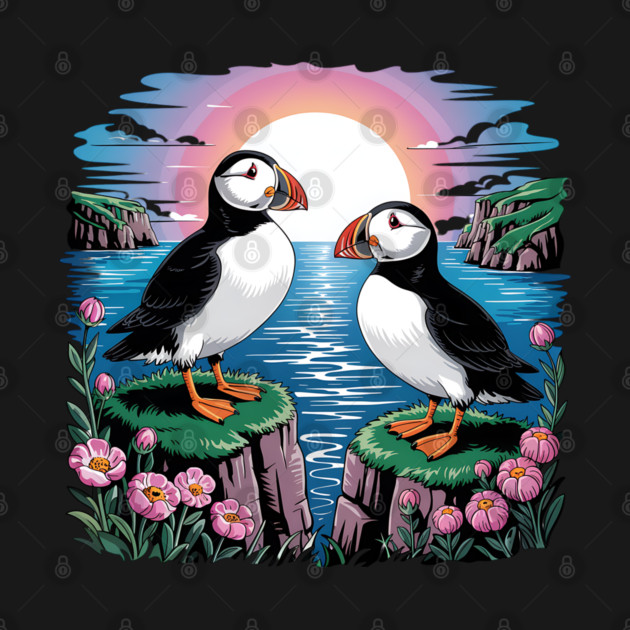Puffins Beneath a Dreamy Ocean Sunset Sky by BirdsnStuff