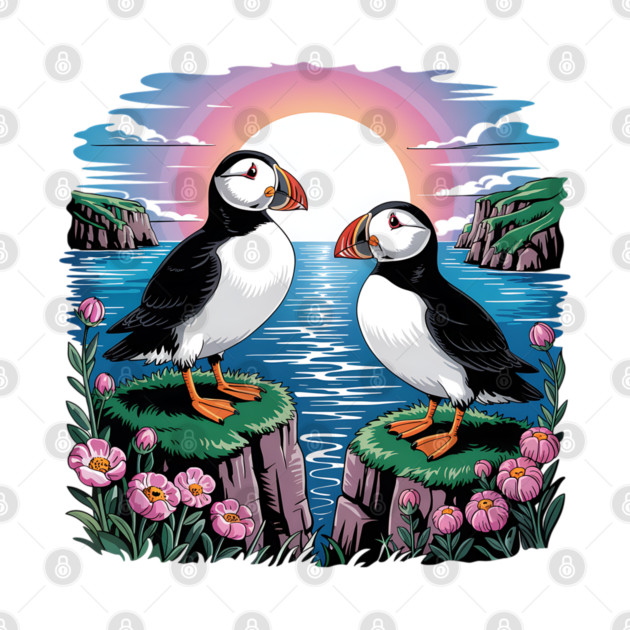 Puffins Beneath a Dreamy Ocean Sunset Sky by BirdsnStuff