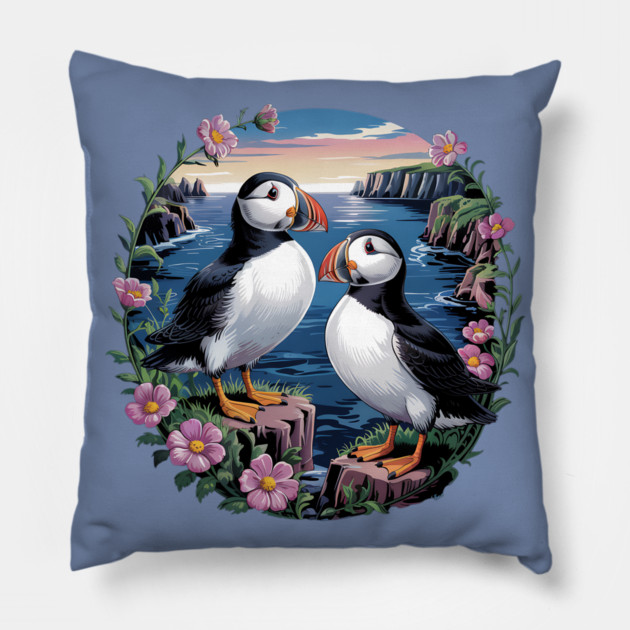 Atlantic Puffins at Sunset Pillow by BirdsnStuff
