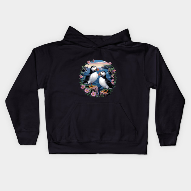 Atlantic Puffins at Sunset Kids Hoodie by BirdsnStuff