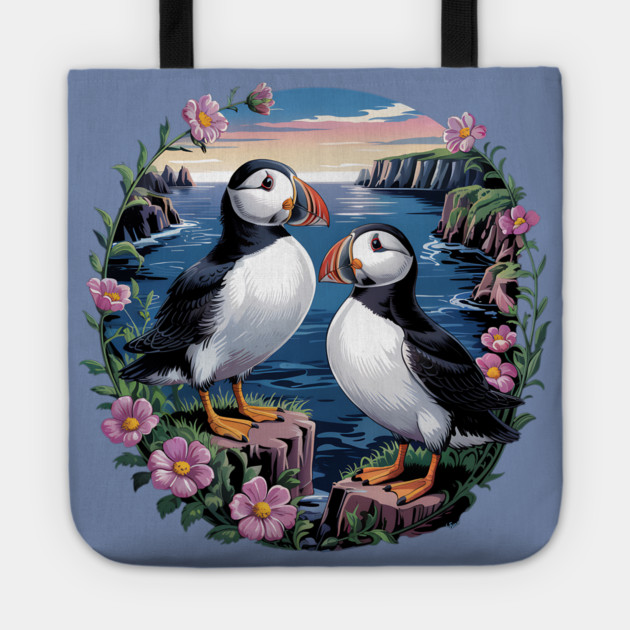 Atlantic Puffins at Sunset Tote by BirdsnStuff