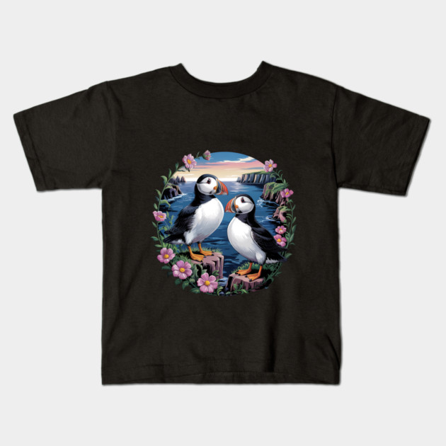 Atlantic Puffins at Sunset Kids T-Shirt by BirdsnStuff