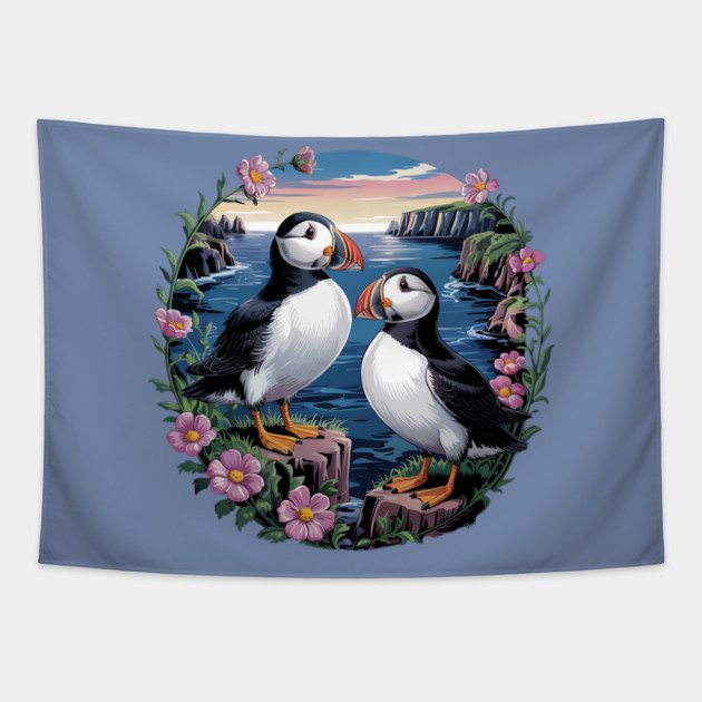 Atlantic Puffins at Sunset Tapestry by BirdsnStuff