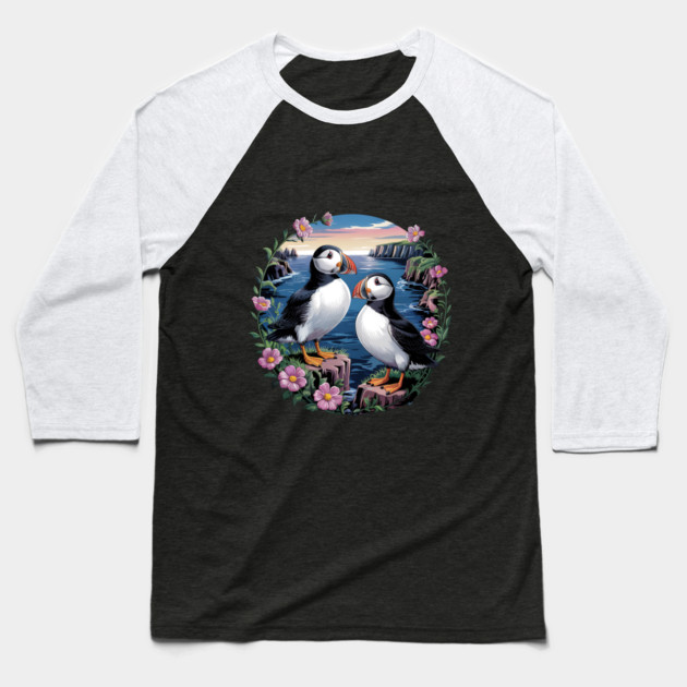 Atlantic Puffins at Sunset Baseball T-Shirt by BirdsnStuff