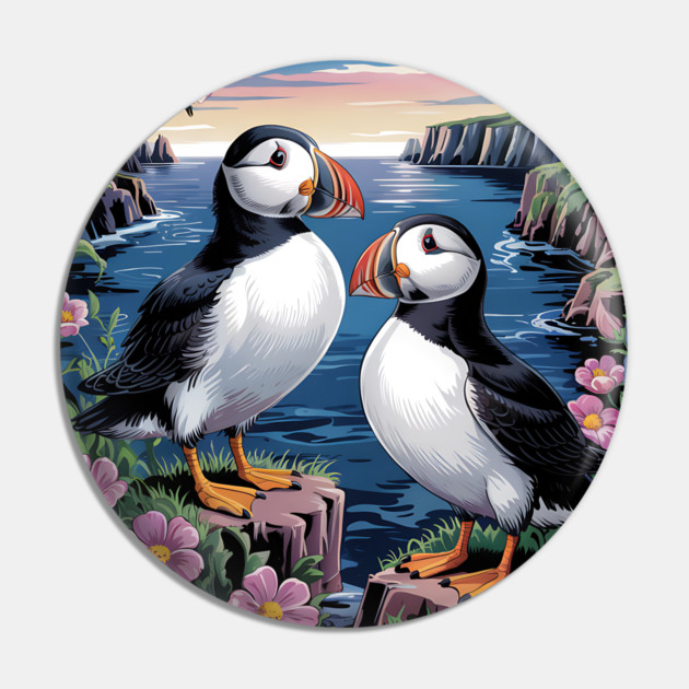 Atlantic Puffins at Sunset Pin by BirdsnStuff