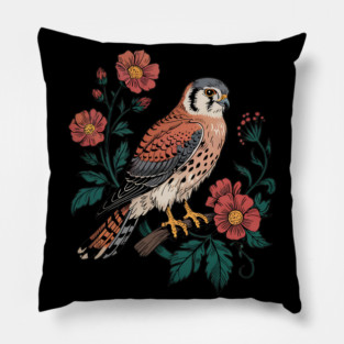 American Kestrel Framed by Vintage Wildflowers Pillow
