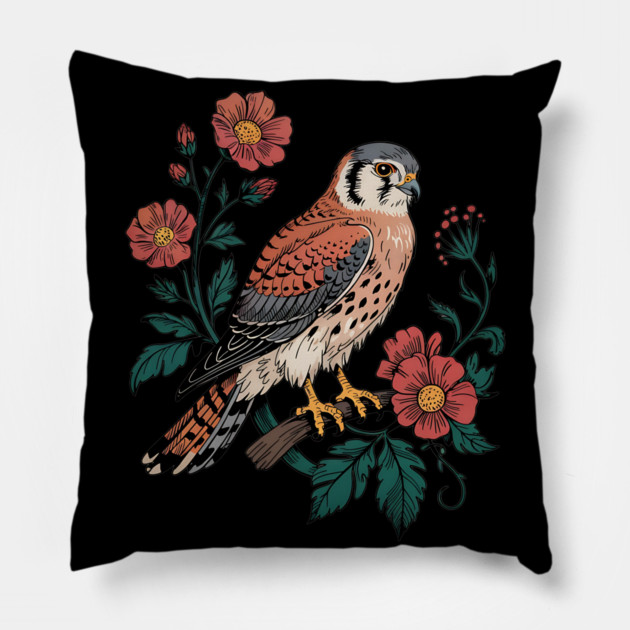 American Kestrel Framed by Vintage Wildflowers Pillow by BirdsnStuff