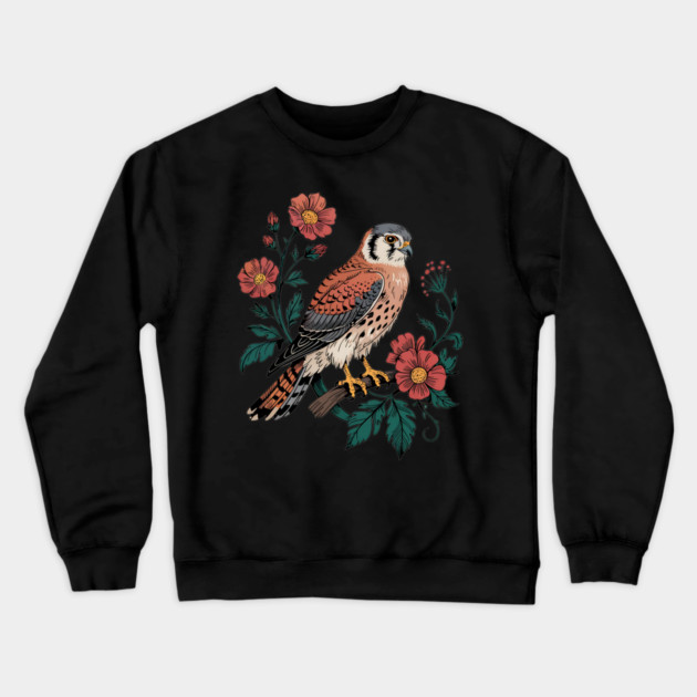 American Kestrel Framed by Vintage Wildflowers Crewneck Sweatshirt by BirdsnStuff