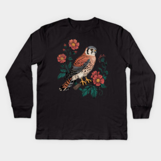 American Kestrel Framed by Vintage Wildflowers Kids Long Sleeve T-Shirt