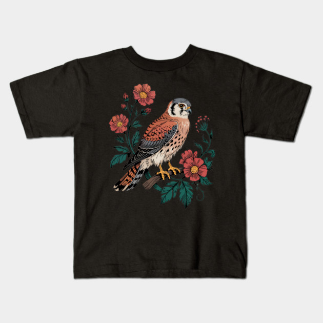 American Kestrel Framed by Vintage Wildflowers Kids T-Shirt by BirdsnStuff