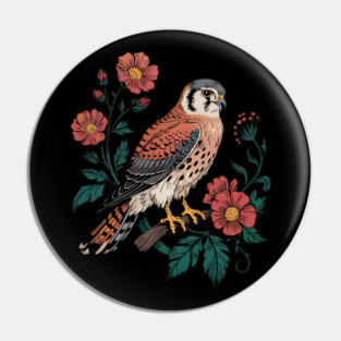 American Kestrel Framed by Vintage Wildflowers Pin