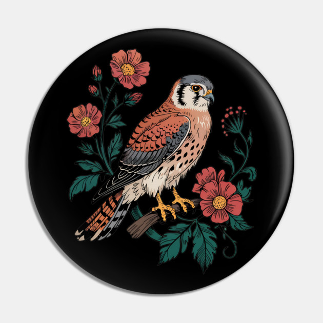 American Kestrel Framed by Vintage Wildflowers Pin by BirdsnStuff