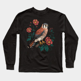 American Kestrel Framed by Vintage Wildflowers Long Sleeve T-Shirt