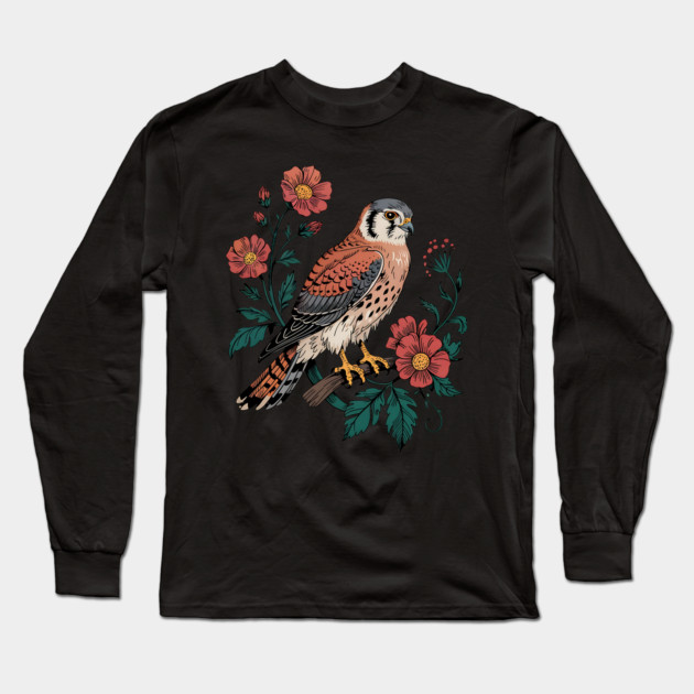 American Kestrel Framed by Vintage Wildflowers Long Sleeve T-Shirt by BirdsnStuff