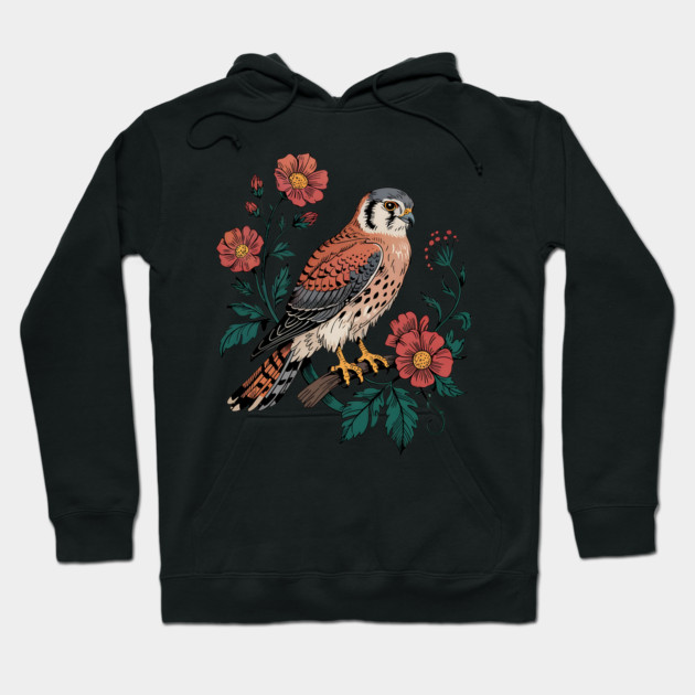 American Kestrel Framed by Vintage Wildflowers Hoodie by BirdsnStuff
