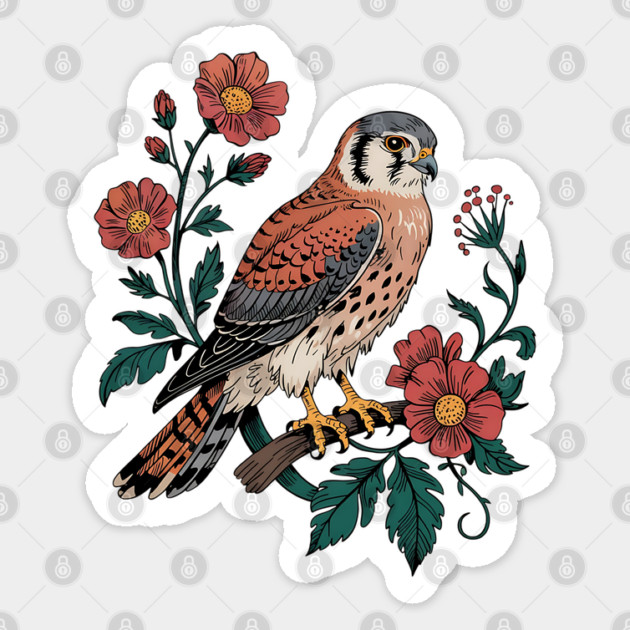 American Kestrel Framed by Vintage Wildflowers Sticker by BirdsnStuff