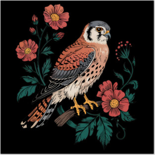 American Kestrel Framed by Vintage Wildflowers Posters and Art