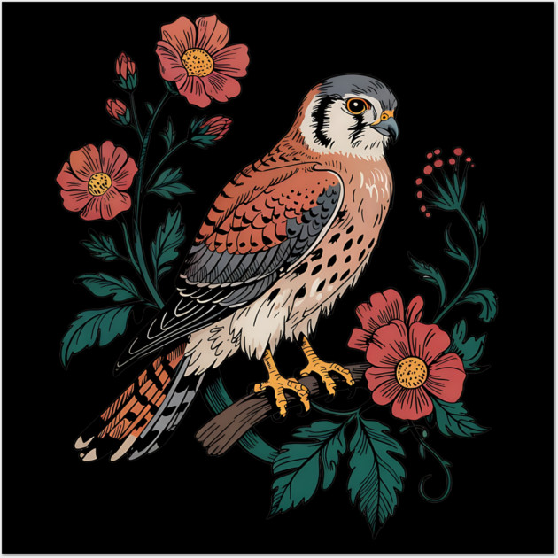 American Kestrel Framed by Vintage Wildflowers Wall Art by BirdsnStuff