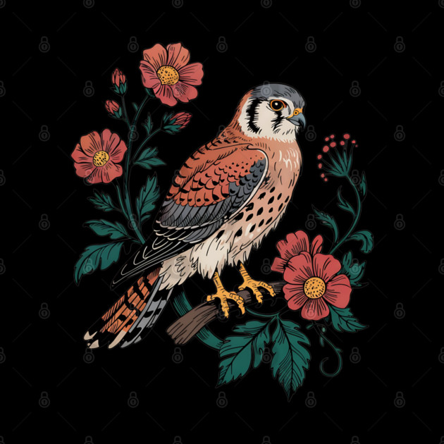 American Kestrel Framed by Vintage Wildflowers by BirdsnStuff
