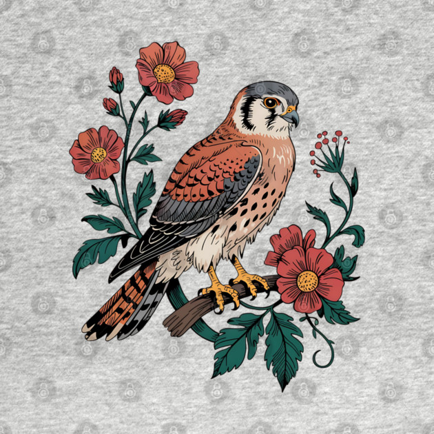 American Kestrel Framed by Vintage Wildflowers by BirdsnStuff
