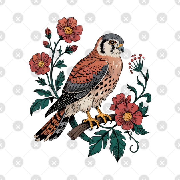 American Kestrel Framed by Vintage Wildflowers by BirdsnStuff