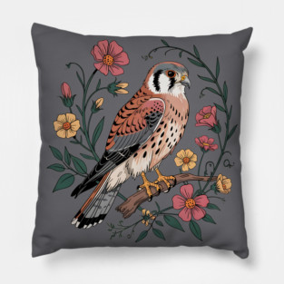 American Kestrel Surrounded by Pink and Yellow Flowers Pillow