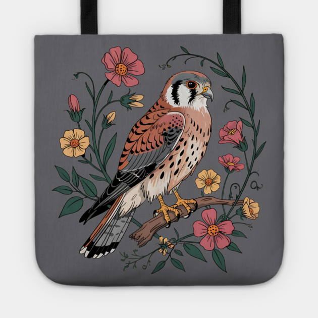 American Kestrel Surrounded by Pink and Yellow Flowers Tote by BirdsnStuff