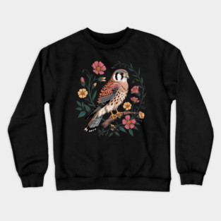 American Kestrel Surrounded by Pink and Yellow Flowers Crewneck Sweatshirt