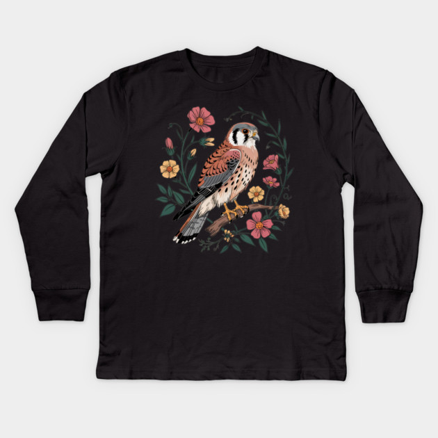 American Kestrel Surrounded by Pink and Yellow Flowers Kids Long Sleeve T-Shirt by BirdsnStuff