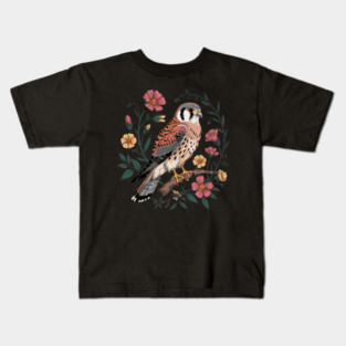 American Kestrel Surrounded by Pink and Yellow Flowers Kids T-Shirt