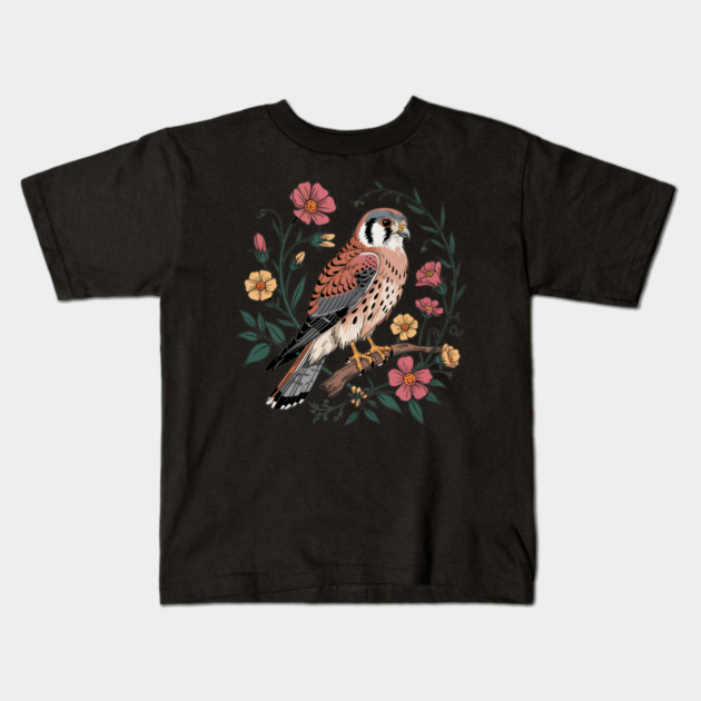 American Kestrel Surrounded by Pink and Yellow Flowers Kids T-Shirt by BirdsnStuff
