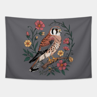 American Kestrel Surrounded by Pink and Yellow Flowers Tapestry