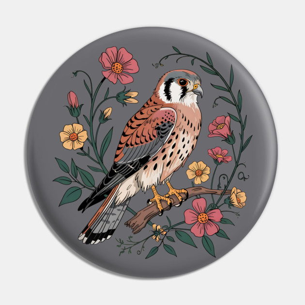 American Kestrel Surrounded by Pink and Yellow Flowers Pin by BirdsnStuff