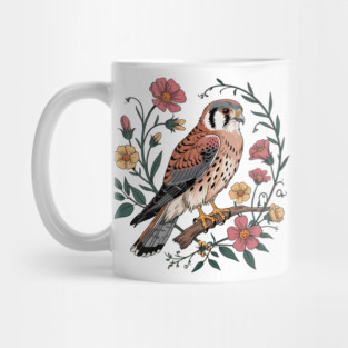 American Kestrel Surrounded by Pink and Yellow Flowers Mug