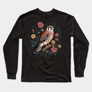 American Kestrel Surrounded by Pink and Yellow Flowers Long Sleeve T-Shirt