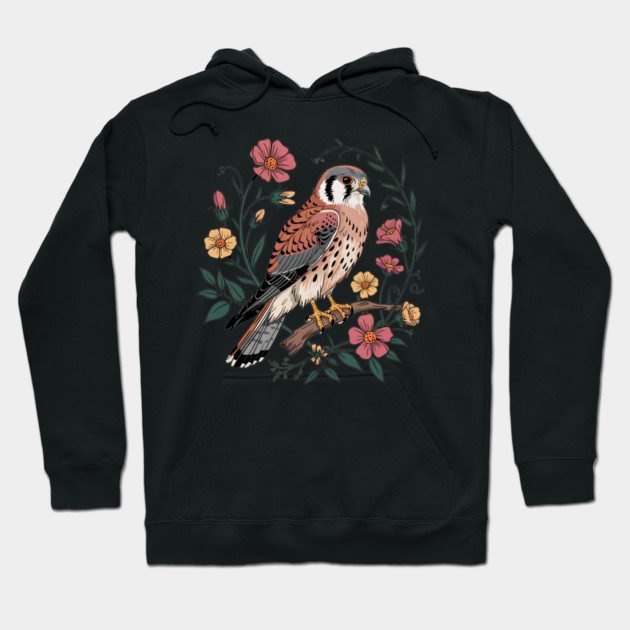 American Kestrel Surrounded by Pink and Yellow Flowers Hoodie by BirdsnStuff