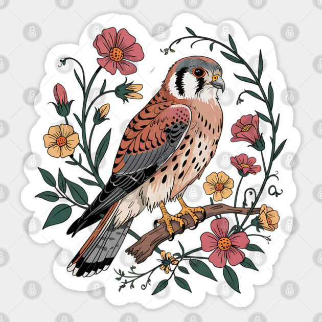 American Kestrel Surrounded by Pink and Yellow Flowers Sticker by BirdsnStuff