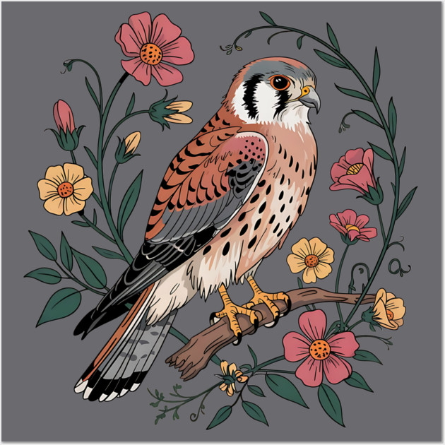 American Kestrel Surrounded by Pink and Yellow Flowers Wall Art by BirdsnStuff