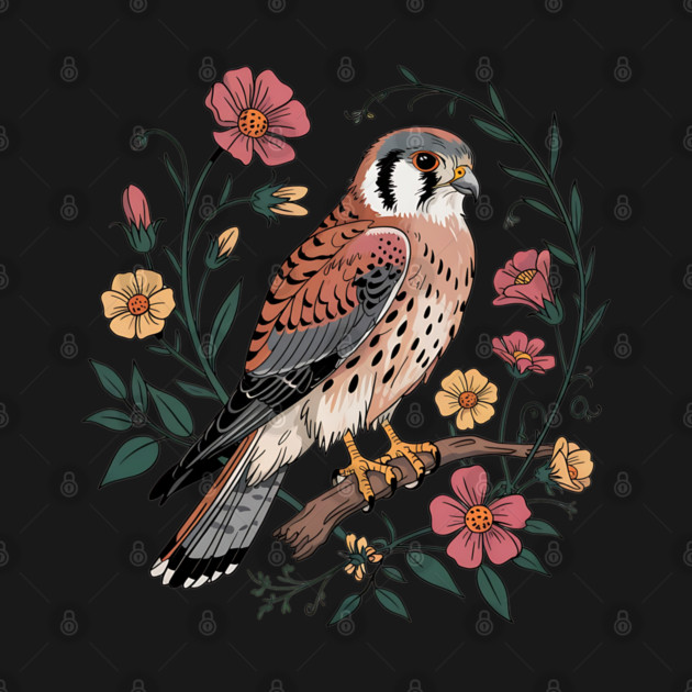 American Kestrel Surrounded by Pink and Yellow Flowers by BirdsnStuff