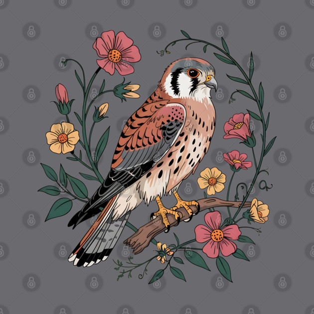 American Kestrel Surrounded by Pink and Yellow Flowers by BirdsnStuff