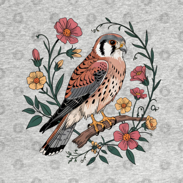 American Kestrel Surrounded by Pink and Yellow Flowers by BirdsnStuff