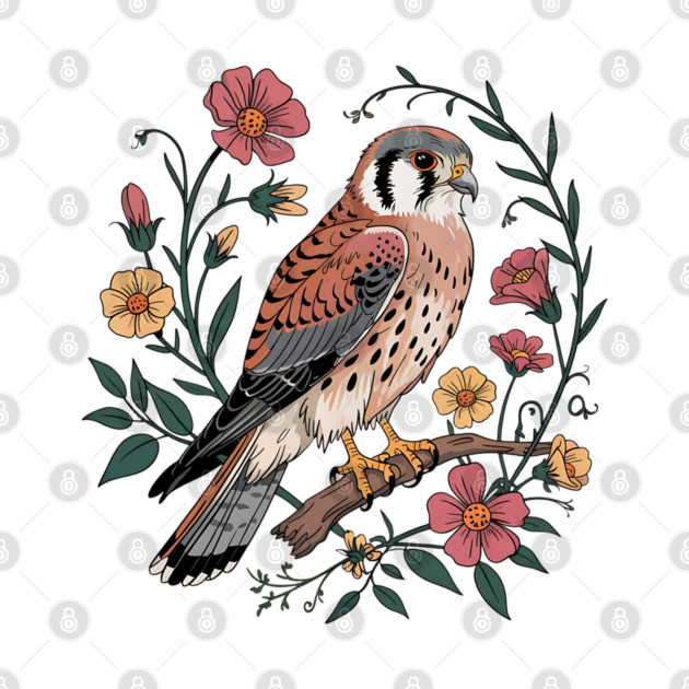 American Kestrel Surrounded by Pink and Yellow Flowers by BirdsnStuff