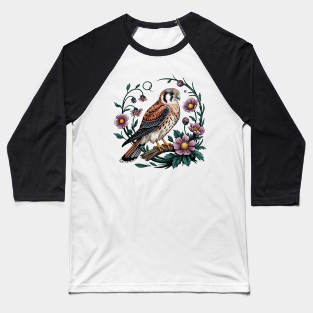 American kestrel Surrounded by Purple Wildflowers Baseball T-Shirt by BirdsnStuff
