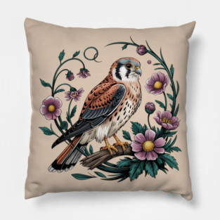 American kestrel Surrounded by Purple Wildflowers Pillow