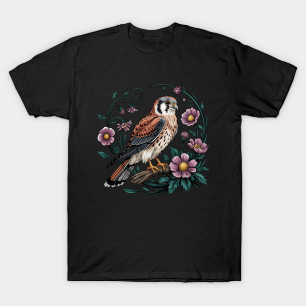 American kestrel Surrounded by Purple Wildflowers T-Shirt by BirdsnStuff