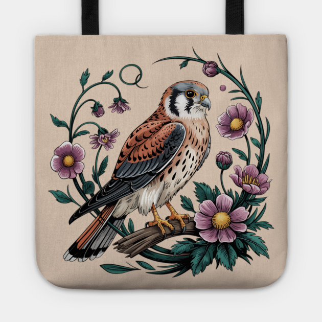 American kestrel Surrounded by Purple Wildflowers Tote by BirdsnStuff